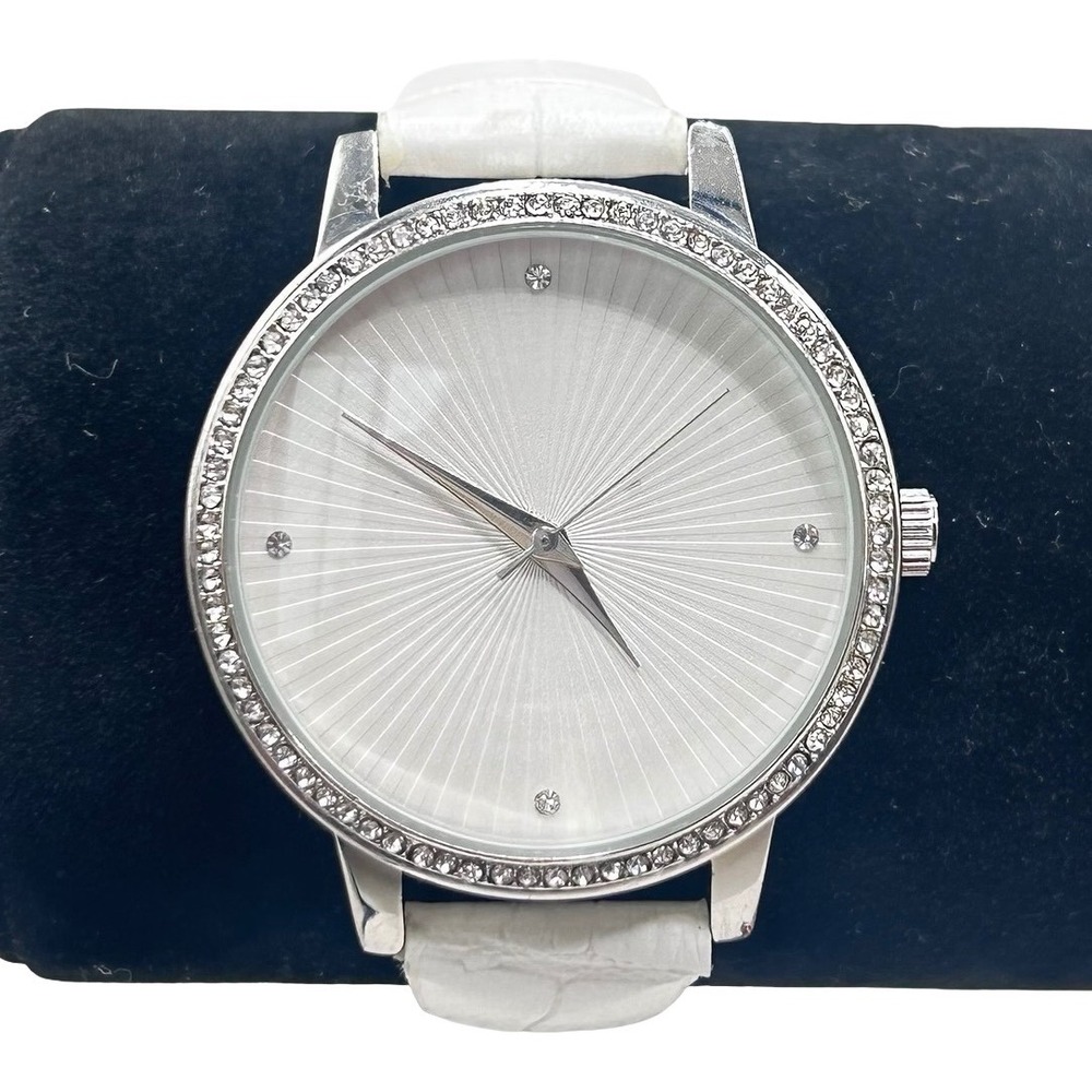 Manhattan by Croton Women's Watch Embossed Strap Sunray Dial Rhinestone Bezel